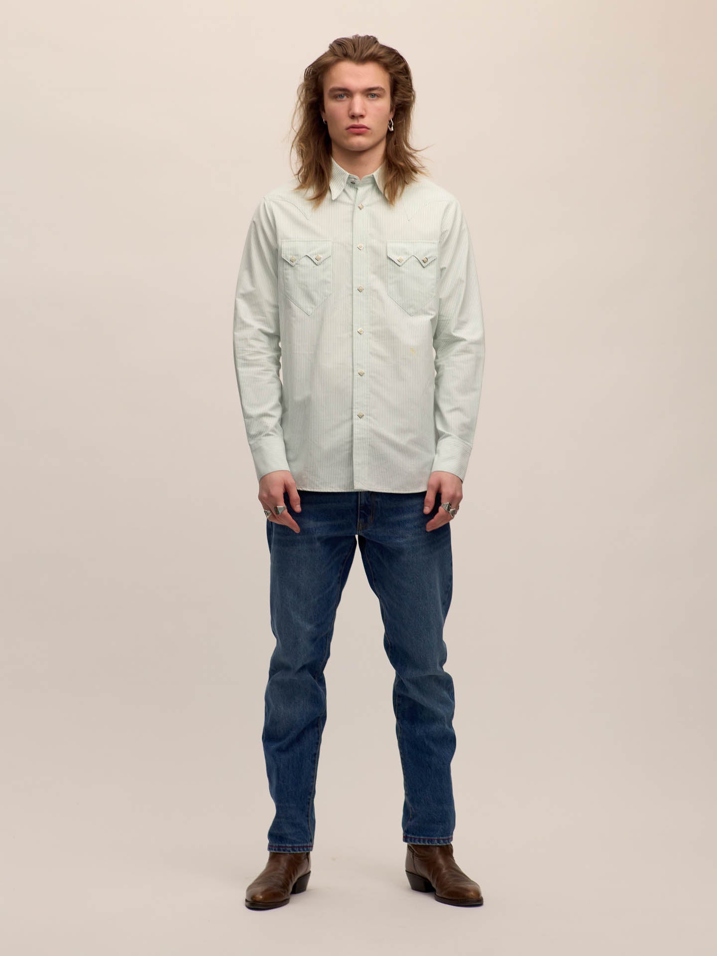 Sawtooth western shirt in green striped oxford