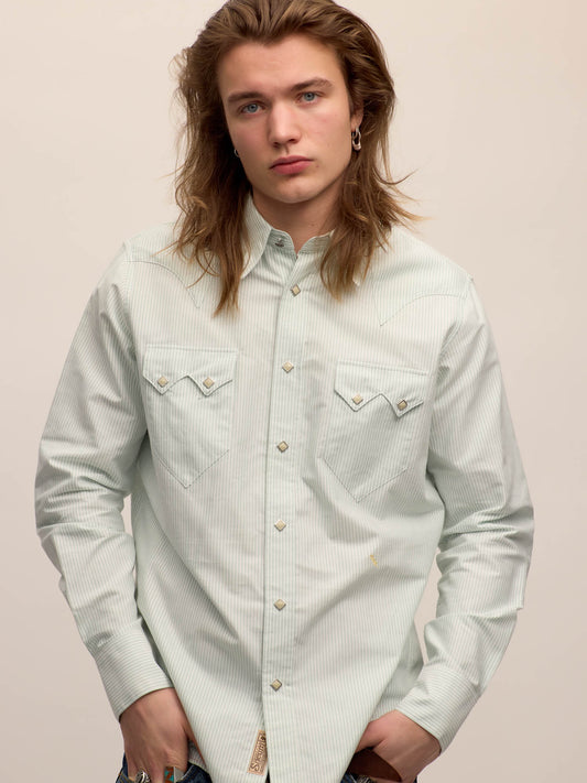 Sawtooth western shirt in green striped oxford