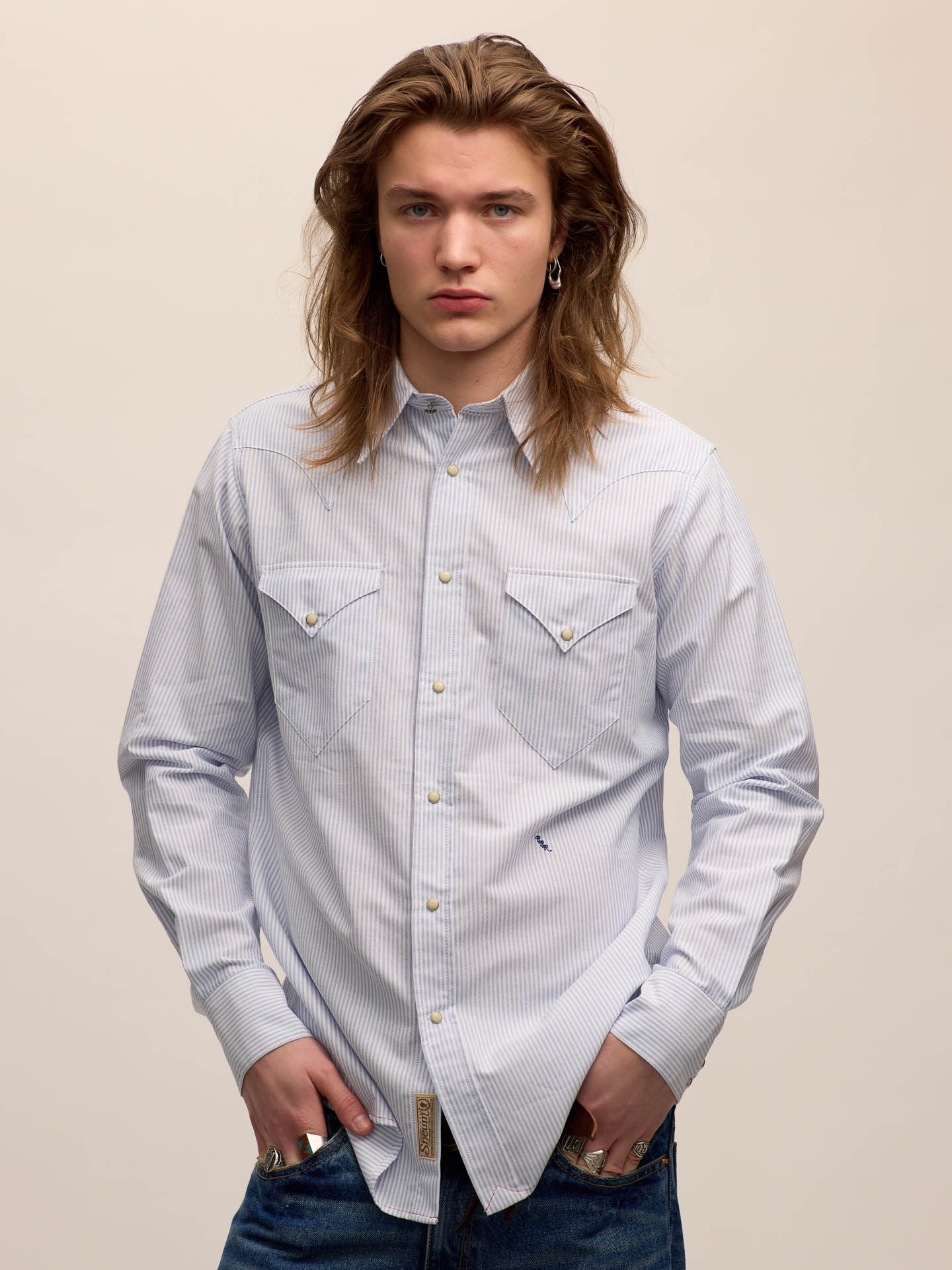 Single point western shirt in blue striped oxford