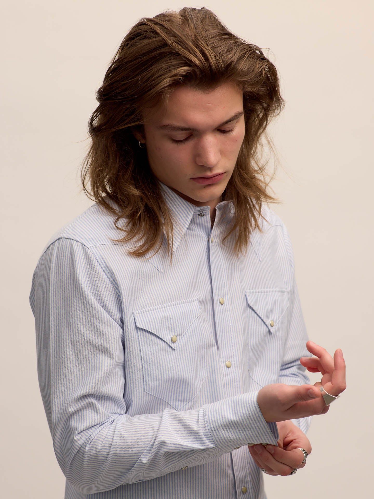 Single point western shirt in blue striped oxford