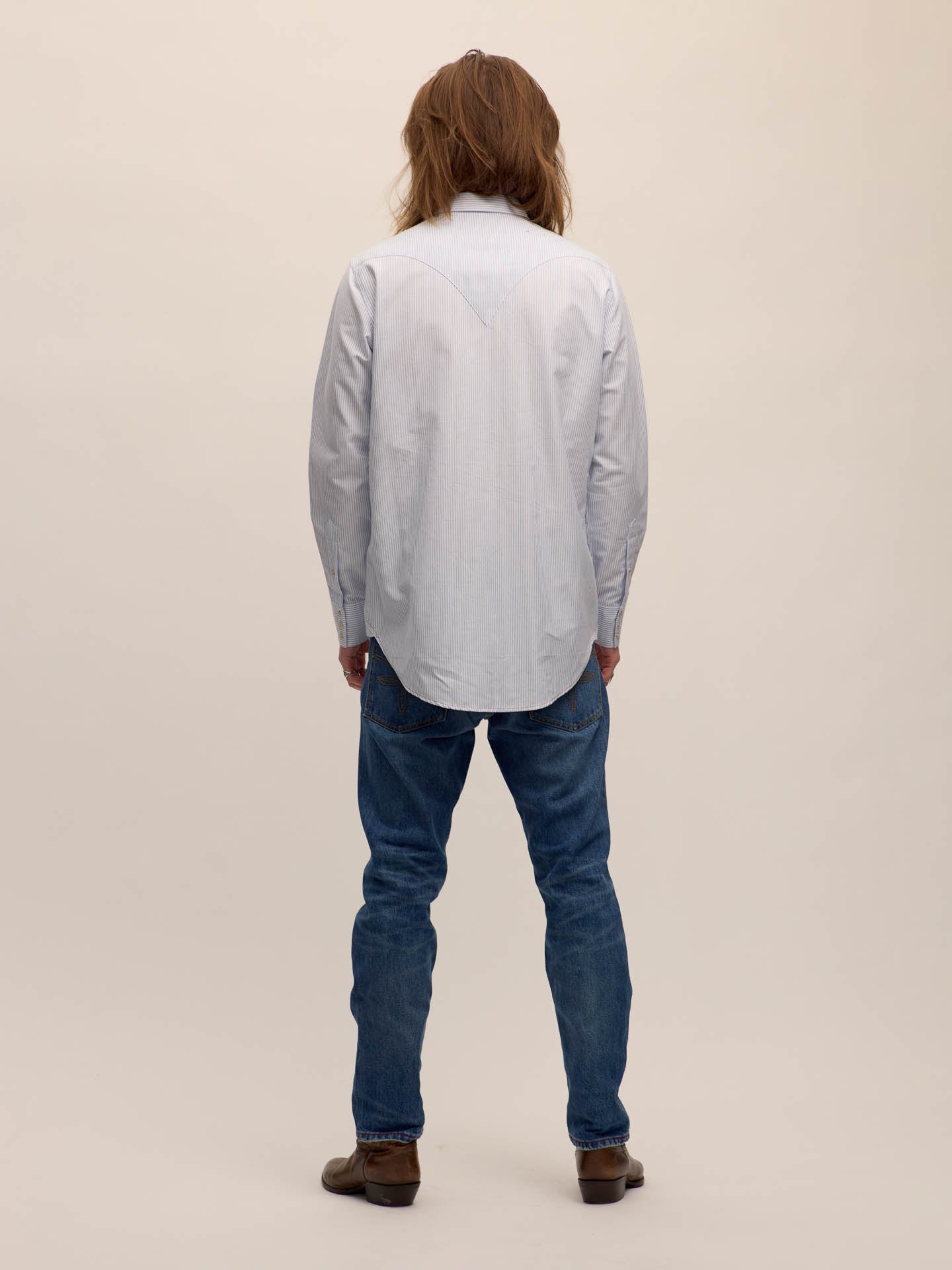 Single point western shirt in blue striped oxford