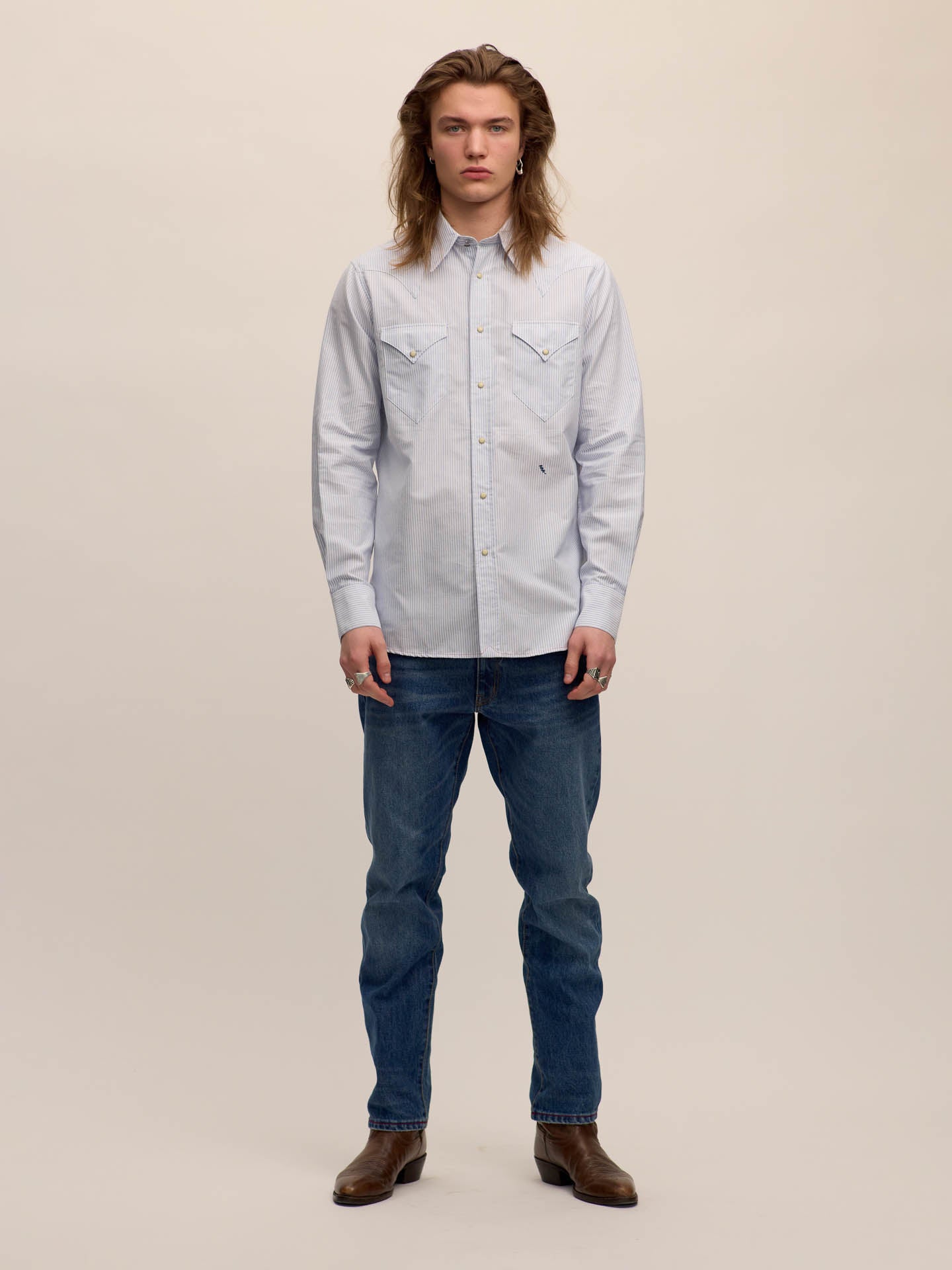 Single point western shirt in blue striped oxford