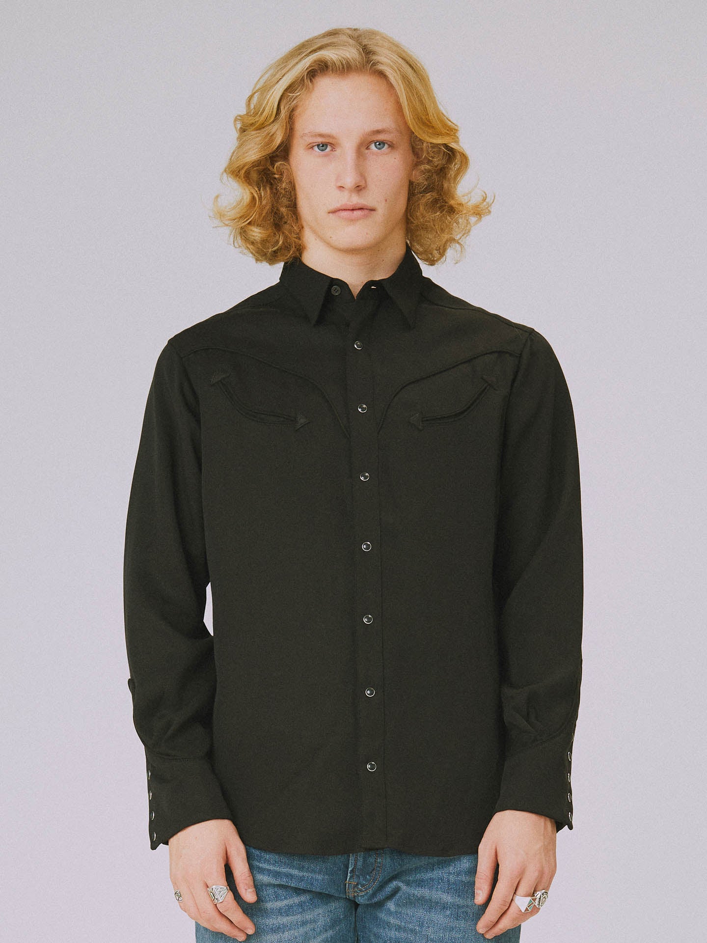 Two-tone smile pocket western shirt