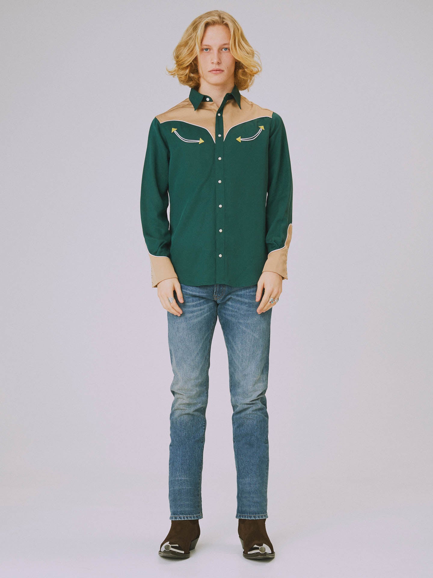 Two-tone smile pocket western shirt