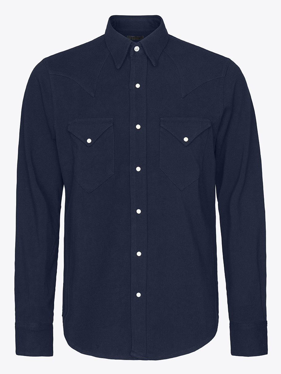 Classic western shirt in navy pique with white Scovill snap buttons