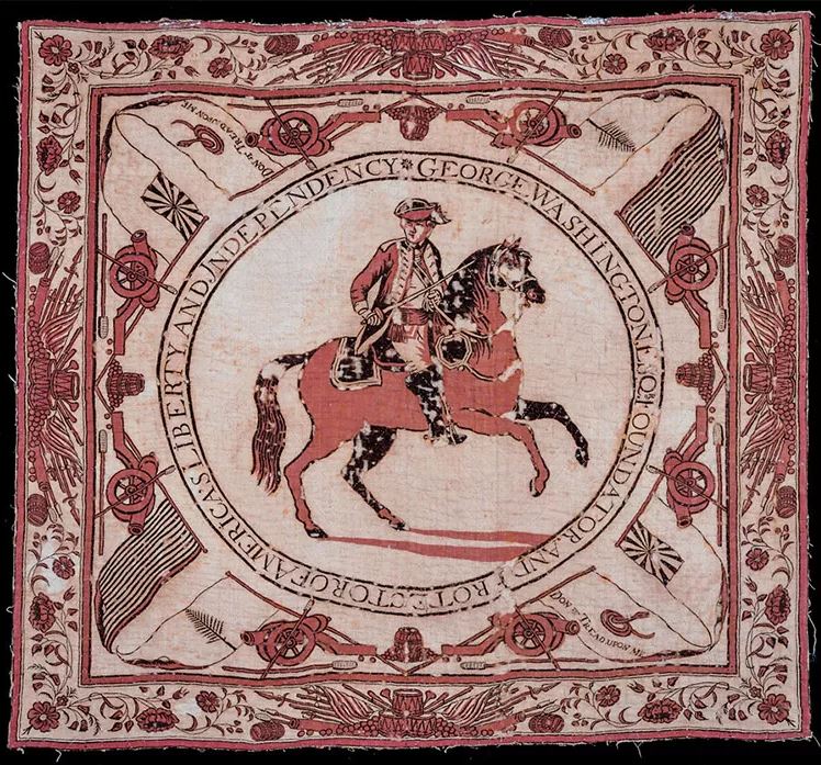 John Hewson’s original bandana design of George Washington on horseback, c. 1780.