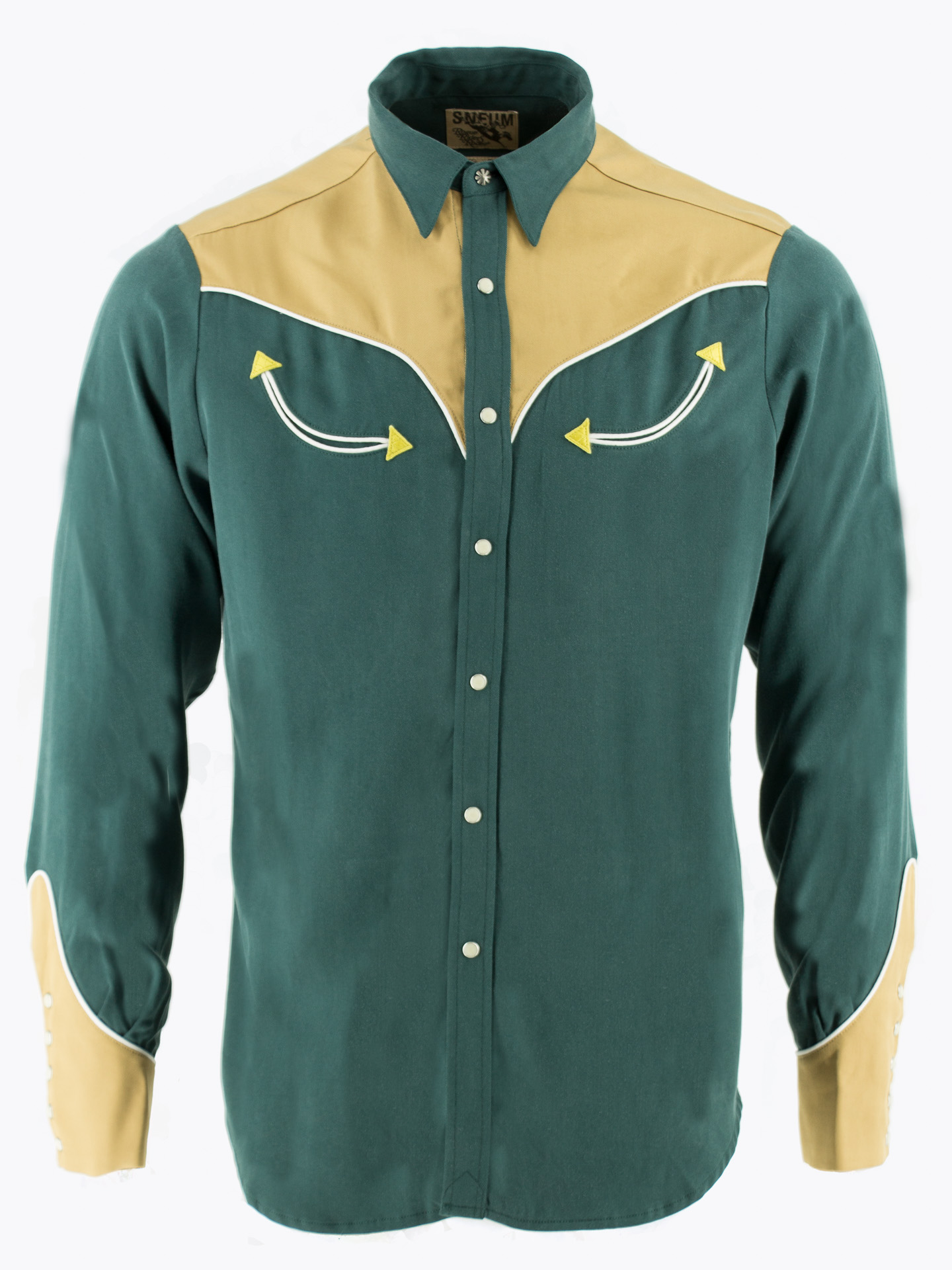 Two-tone smile pocket western shirt in green and brown Tencel