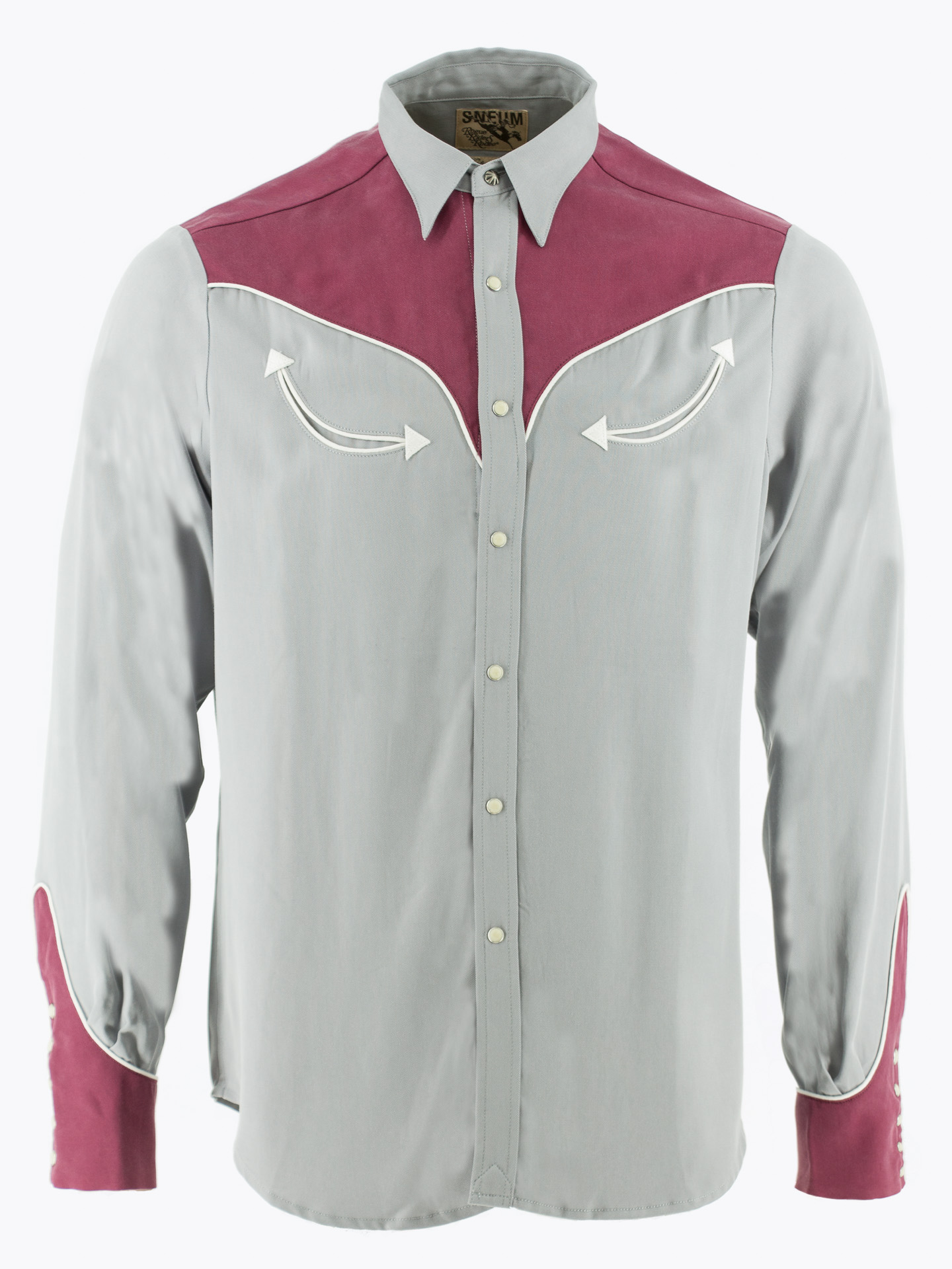 Two-tone smile pocket western shirt in grey and burgundy